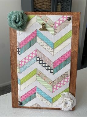 Handmade Wood & Burlap Floral Pic Frame, Colorful Chevron Background holds 6x6